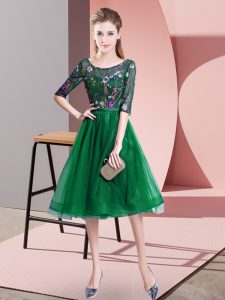 Dark Green Tulle Lace Up Dama Dress Half Sleeves Knee Length Embroidery