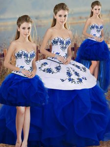 Royal Blue Lace Up Sweetheart Embroidery and Ruffles and Bowknot 15 Quinceanera Dress Tulle Sleeveless