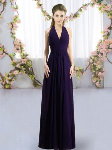 Deluxe Dark Purple Sleeveless Floor Length Ruching Zipper Quinceanera Court of Honor Dress