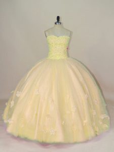 Sleeveless Tulle Floor Length Lace Up 15th Birthday Dress in Peach with Beading and Hand Made Flower