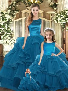 Noble Scoop Sleeveless Lace Up Quinceanera Gowns Teal Tulle