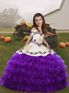 Sleeveless Floor Length Embroidery and Ruffled Layers Lace Up Pageant Gowns For Girls with Eggplant Purple