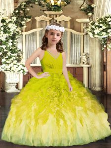 Olive Green V-neck Neckline Ruffles Pageant Dress for Womens Sleeveless Zipper