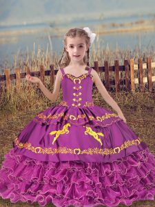 Sleeveless Organza Floor Length Lace Up Pageant Dress for Girls in Fuchsia with Beading and Embroidery and Ruffled Layers