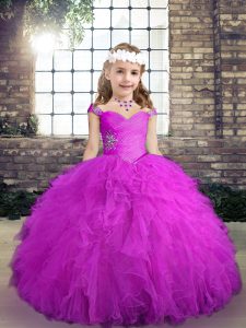 Fuchsia Kids Pageant Dress Party and Wedding Party with Beading and Ruffles Straps Sleeveless Lace Up