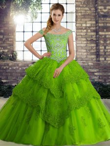 Green Ball Gowns Beading and Lace Quinceanera Gowns Lace Up Tulle Sleeveless