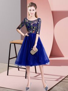 Luxurious Blue Scoop Lace Up Embroidery Dama Dress for Quinceanera Half Sleeves