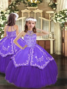 Best Purple Lace Up Halter Top Beading and Embroidery Little Girls Pageant Dress Tulle Sleeveless