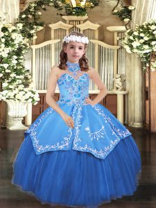 High Class Ball Gowns Kids Formal Wear Blue High-neck Tulle Sleeveless Floor Length Lace Up