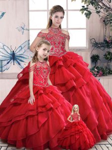 Nice Red High-neck Lace Up Beading and Ruffles Quinceanera Gowns Sleeveless