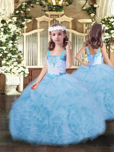Beautiful Blue Ball Gowns Straps Sleeveless Organza Floor Length Lace Up Beading and Ruffles and Pick Ups Little Girls Pageant Dress