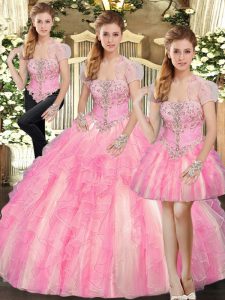 Best Selling Baby Pink Lace Up Strapless Beading and Ruffles 15th Birthday Dress Tulle Sleeveless