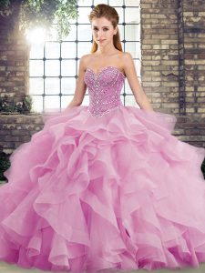 Lilac Quinceanera Dresses Military Ball and Sweet 16 and Quinceanera with Beading and Ruffles Sweetheart Sleeveless Brush Train Lace Up