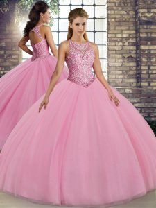 Beauteous Floor Length Lace Up Vestidos de Quinceanera Pink for Military Ball and Sweet 16 and Quinceanera with Embroidery