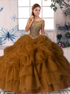 High Class Brown Ball Gowns Organza Scoop Sleeveless Beading and Pick Ups Zipper Quinceanera Gowns Brush Train