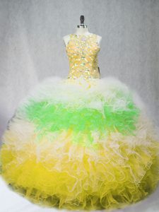 Fantastic Multi-color Ball Gowns Scoop Sleeveless Tulle Floor Length Zipper Beading and Ruffles Vestidos de Quinceanera