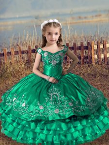 Ball Gowns Little Girl Pageant Gowns Turquoise Off The Shoulder Satin and Organza Sleeveless Floor Length Lace Up