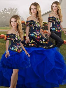 Fantastic Tulle Off The Shoulder Sleeveless Lace Up Embroidery and Ruffles Sweet 16 Dresses in Royal Blue