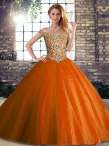 Artistic Orange Red Ball Gown Prom Dress Tulle Brush Train Sleeveless Beading