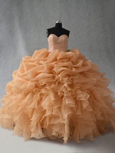 Beauteous Gold Ball Gowns Organza Sweetheart Sleeveless Beading and Ruffles and Pick Ups Floor Length Lace Up 15th Birthday Dress