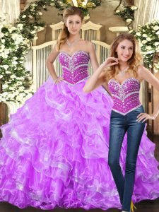 Sexy Sweetheart Sleeveless 15 Quinceanera Dress Floor Length Beading and Ruffles Lilac Organza