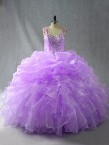 Lavender Ball Gowns Beading and Ruffles Quinceanera Dress Zipper Organza Sleeveless Floor Length