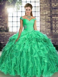 Sleeveless Beading and Ruffles Lace Up Quinceanera Dress with Turquoise Brush Train