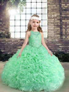 Floor Length Lace Up Child Pageant Dress Apple Green for Party and Wedding Party with Beading and Ruffles