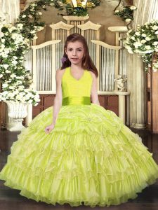 Organza Halter Top Sleeveless Lace Up Ruffled Layers Pageant Dress in Yellow Green