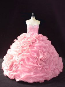 Attractive Sleeveless Beading and Pick Ups and Hand Made Flower Lace Up Quinceanera Gowns with Pink Court Train