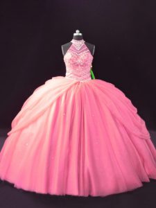 Most Popular Halter Top Sleeveless Ball Gown Prom Dress Beading and Pick Ups Pink Tulle