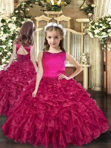 Scoop Sleeveless Lace Up Pageant Gowns For Girls Fuchsia Organza