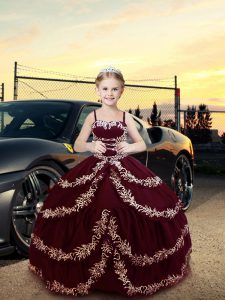 Floor Length Burgundy Kids Formal Wear Straps Sleeveless Lace Up
