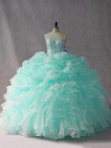 Deluxe Strapless Sleeveless Organza 15 Quinceanera Dress Beading and Ruffles and Pick Ups Brush Train Side Zipper