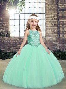 Floor Length Apple Green Little Girls Pageant Dress Wholesale Tulle Sleeveless Beading