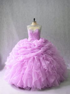 Fantastic Scoop Sleeveless Quinceanera Dresses Brush Train Beading and Ruffles Lilac Organza