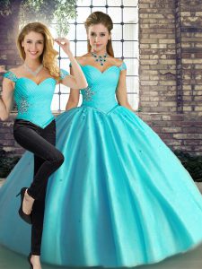 Fantastic Tulle Off The Shoulder Sleeveless Lace Up Beading Ball Gown Prom Dress in Aqua Blue