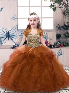 Elegant Rust Red Tulle Lace Up Straps Sleeveless Floor Length Girls Pageant Dresses Beading and Ruffles