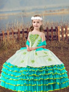 Aqua Blue Lace Up Girls Pageant Dresses Beading and Embroidery and Ruffled Layers Sleeveless Floor Length