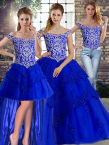 Royal Blue Three Pieces Off The Shoulder Sleeveless Tulle Brush Train Lace Up Beading and Lace Ball Gown Prom Dress