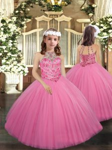 Stunning Floor Length Rose Pink Little Girl Pageant Gowns Tulle Sleeveless Beading