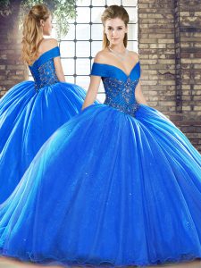 Royal Blue Ball Gowns Off The Shoulder Sleeveless Organza Brush Train Lace Up Beading Sweet 16 Dress