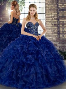 Low Price Royal Blue Ball Gowns Organza Sweetheart Sleeveless Beading and Ruffles Floor Length Lace Up Vestidos de Quinceanera