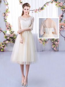 Adorable Champagne Lace Up Quinceanera Court of Honor Dress Lace Half Sleeves Tea Length