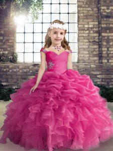 Simple Floor Length Lace Up Kids Pageant Dress Hot Pink for Party and Wedding Party with Beading and Ruffles and Pick Ups