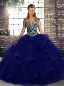 Graceful Purple Vestidos de Quinceanera Military Ball and Sweet 16 and Quinceanera with Beading and Ruffles Straps Sleeveless Lace Up