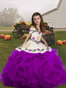 Custom Fit Purple Straps Neckline Embroidery and Ruffles Little Girls Pageant Dress Sleeveless Lace Up
