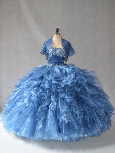 Modern Sleeveless Floor Length Beading and Ruffles Side Zipper 15th Birthday Dress with Blue