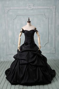 Modest Off The Shoulder Sleeveless Brush Train Lace Up Sweet 16 Dresses Black Taffeta