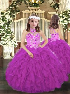 Simple Purple Tulle Lace Up Little Girls Pageant Dress Sleeveless Floor Length Embroidery and Ruffles